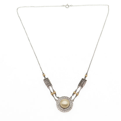 925 Sterling Antique Art Deco Faux Pearl Filigree Cable Chain Necklace 16"