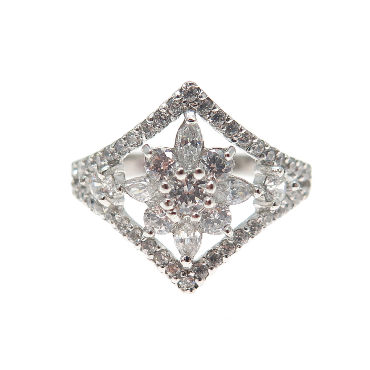 JCM Jacmel Mauritius 925 Sterling Silver Marquise & Round-Cut C Z Ring Size 8.5