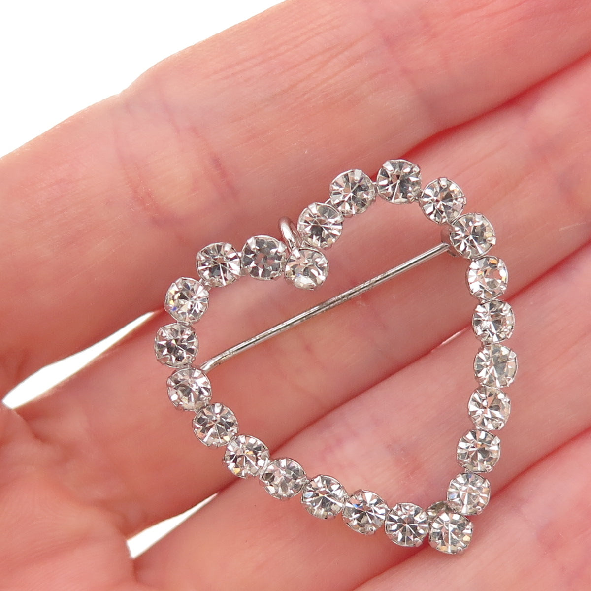 Tru-Kay Sterling Silver Antique Art Deco Rhinestone Heart Pin Brooch / Pendant