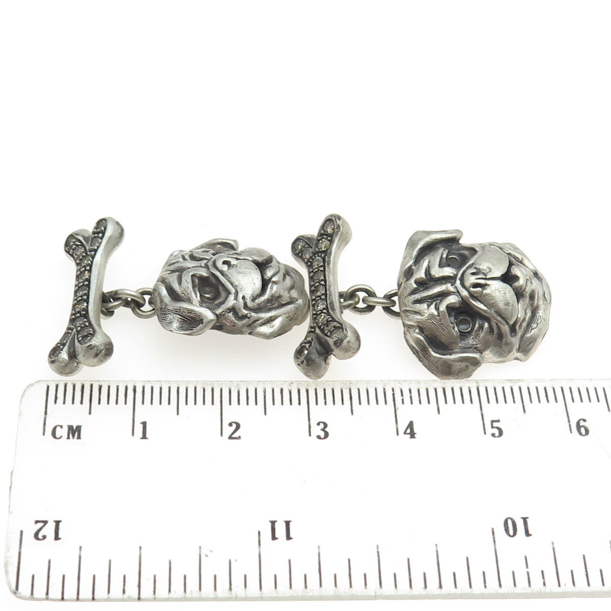 925 Sterling Silver Vintage Real Round-Cut Champagne Diamond Pug Dog Cufflinks