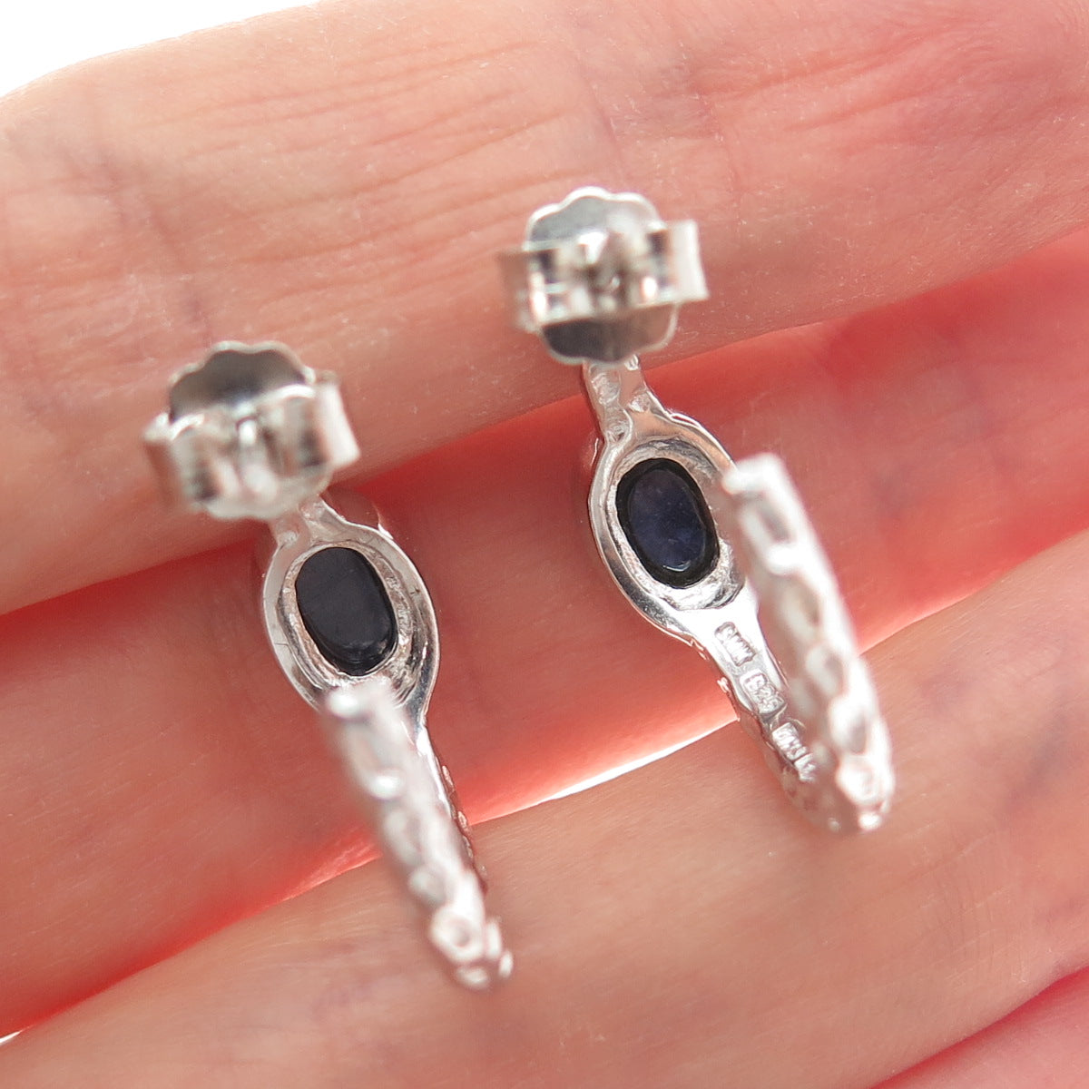 925 Sterling Silver Real Oval-Cut Sapphire Hoop Earrings