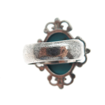 925 Sterling Silver Vintage Real Turquoise Fleur de Lis Oxidized Ring Size 8.75