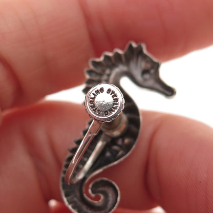 925 Sterling Silver Antique Art Deco Seahorse Oxidized Screw Back Earrings