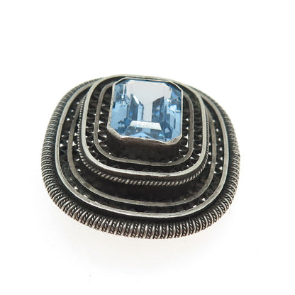 925 Sterling Silver Antique Art Deco Real Blue Topaz Gem Oxidized Pin Brooch