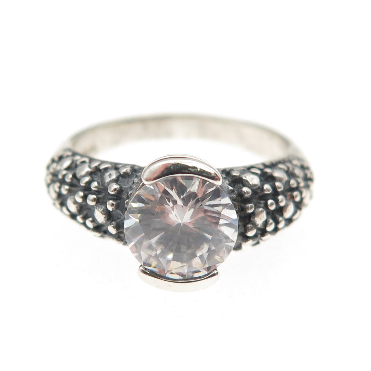925 Sterling Silver Vintage Round-Cut C Z Oxidized Ring Size 5.25