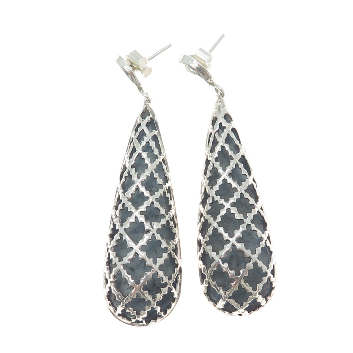 PLATELLA 950 Silver Vintage Fence Teardrop Oxidized Dangle Earrings