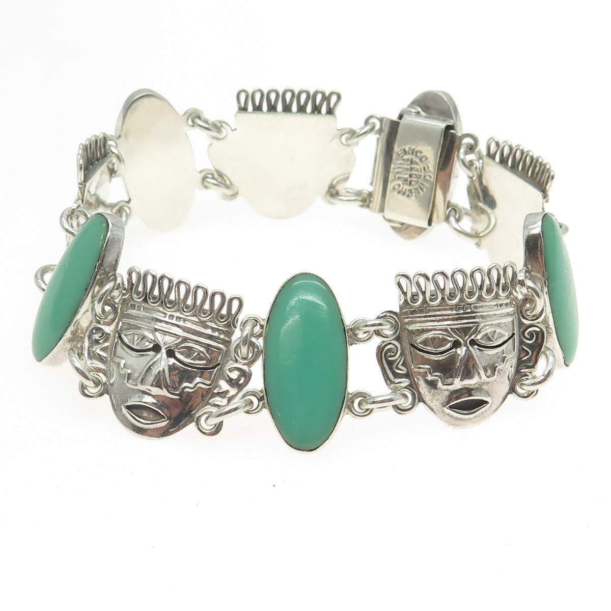 925 Sterling Silver Vintage Mexico Real Turquoise Aztec Mask Panel Bracelet 7"