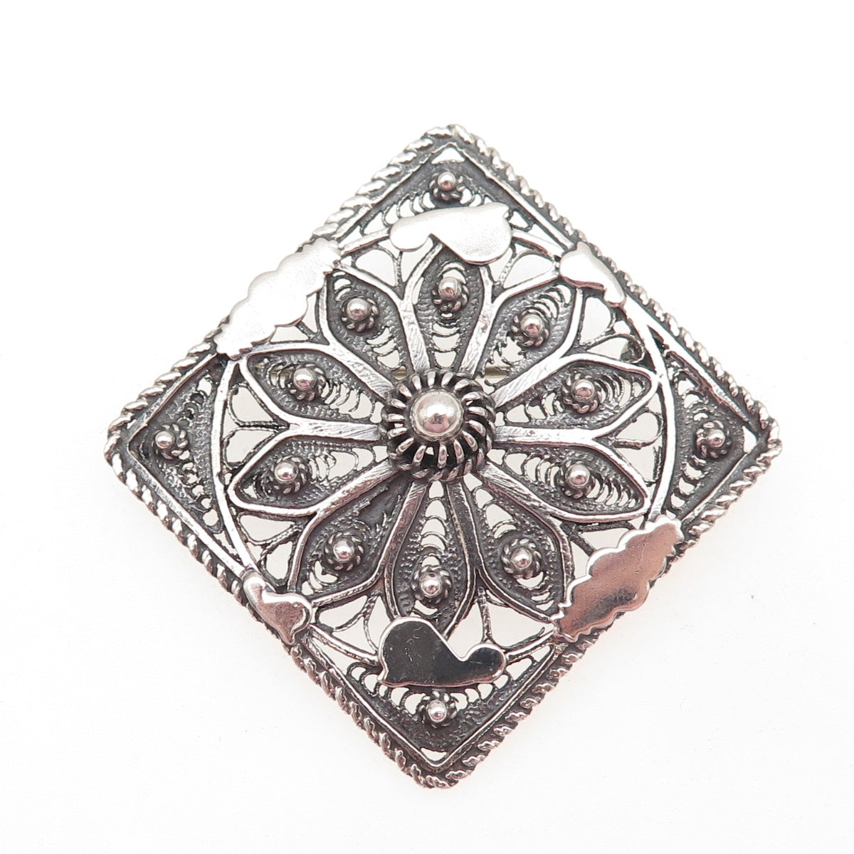 925 Sterling Silver Vintage Cannetille Filigree Oxidized Pin Brooch