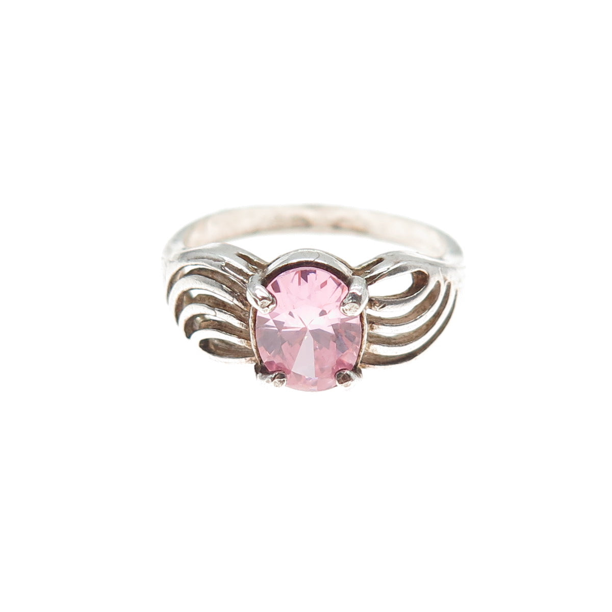 925 Sterling Silver Vintage Oval-Cut Pink C Z Modernist Ring Size 7