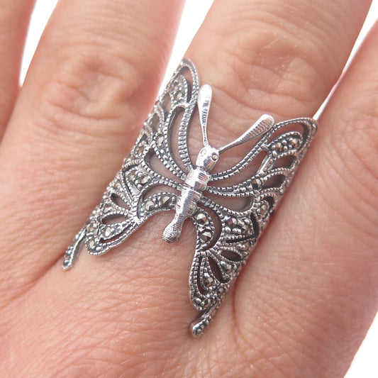 925 Sterling Silver Vintage Real Marcasite Butterfly Oxidized Ring Size 8.25
