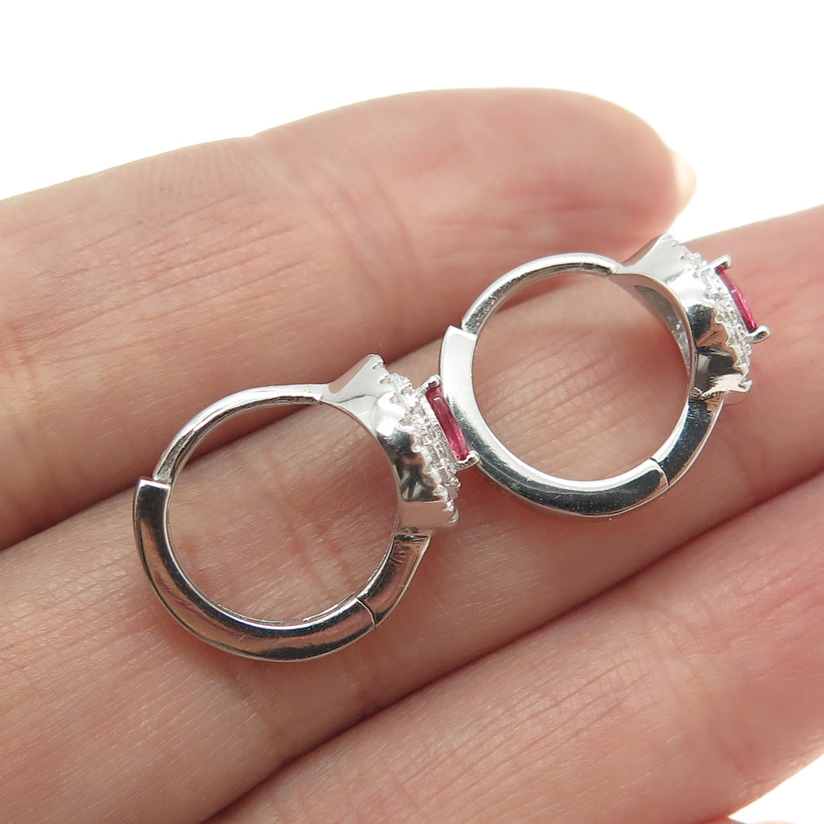 925 Sterling Silver Marquise-Cut Pink & Round-Cut White C Z Hoop Earrings