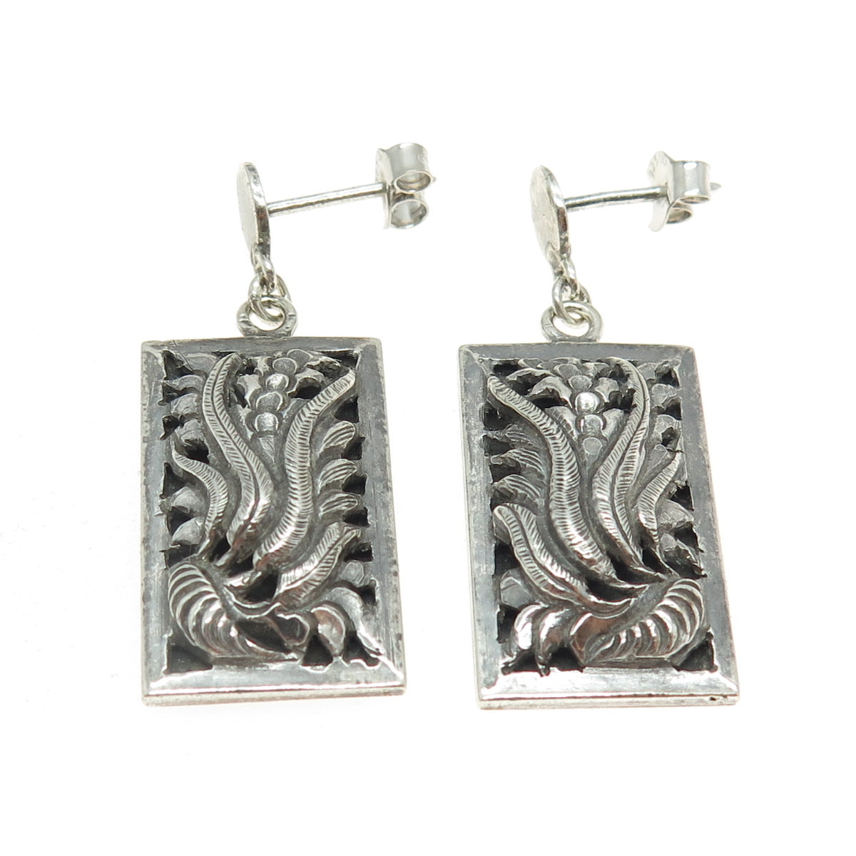 925 Sterling Silver Antique Art Deco Feather Pattern Oxidized Earrings