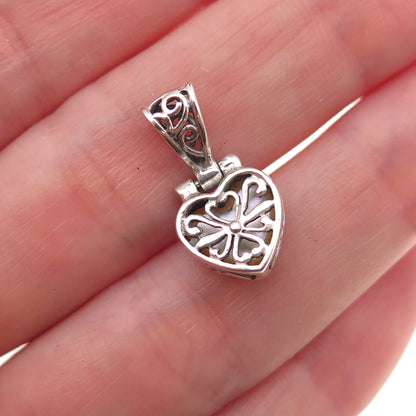 925 Sterling Silver Vintage Real MOP Heart Oxidized Charm Pendant