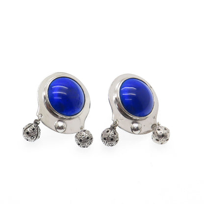 HELEN LONG Old Pawn 925 Sterling Silver Vintage Blue Glass Screw Back Earrings