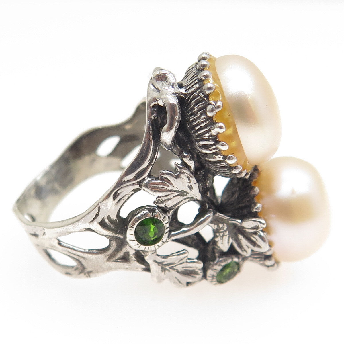 925 Sterling Silver Vintage Real Pearl Red Garnet & Peridot Ring Size 8.25
