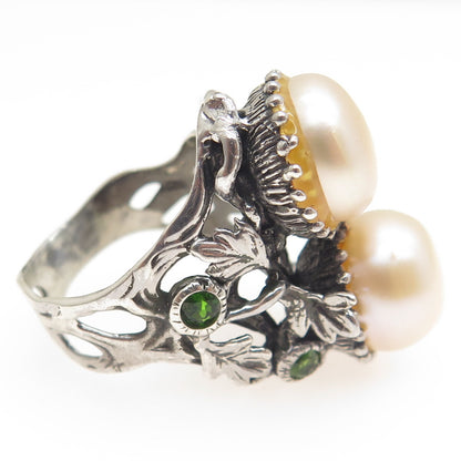 925 Sterling Silver Vintage Real Pearl Red Garnet & Peridot Ring Size 8.25