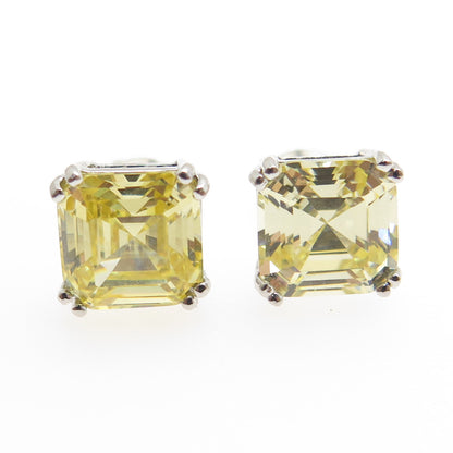 925 Sterling Silver Asscher-Cut Canary C Z Stud Earrings