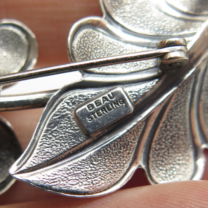 BEAU 925 Sterling Silver Vintage Floral Leaves Oxidized Pin Brooch