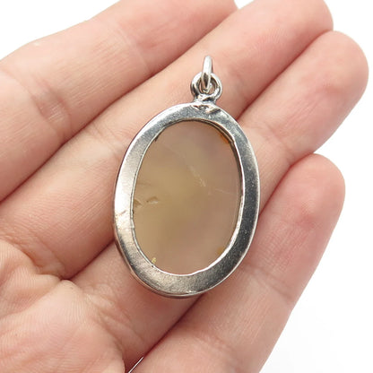 925 Sterling Silver Vintage Real Agate Gem Oval Pendant