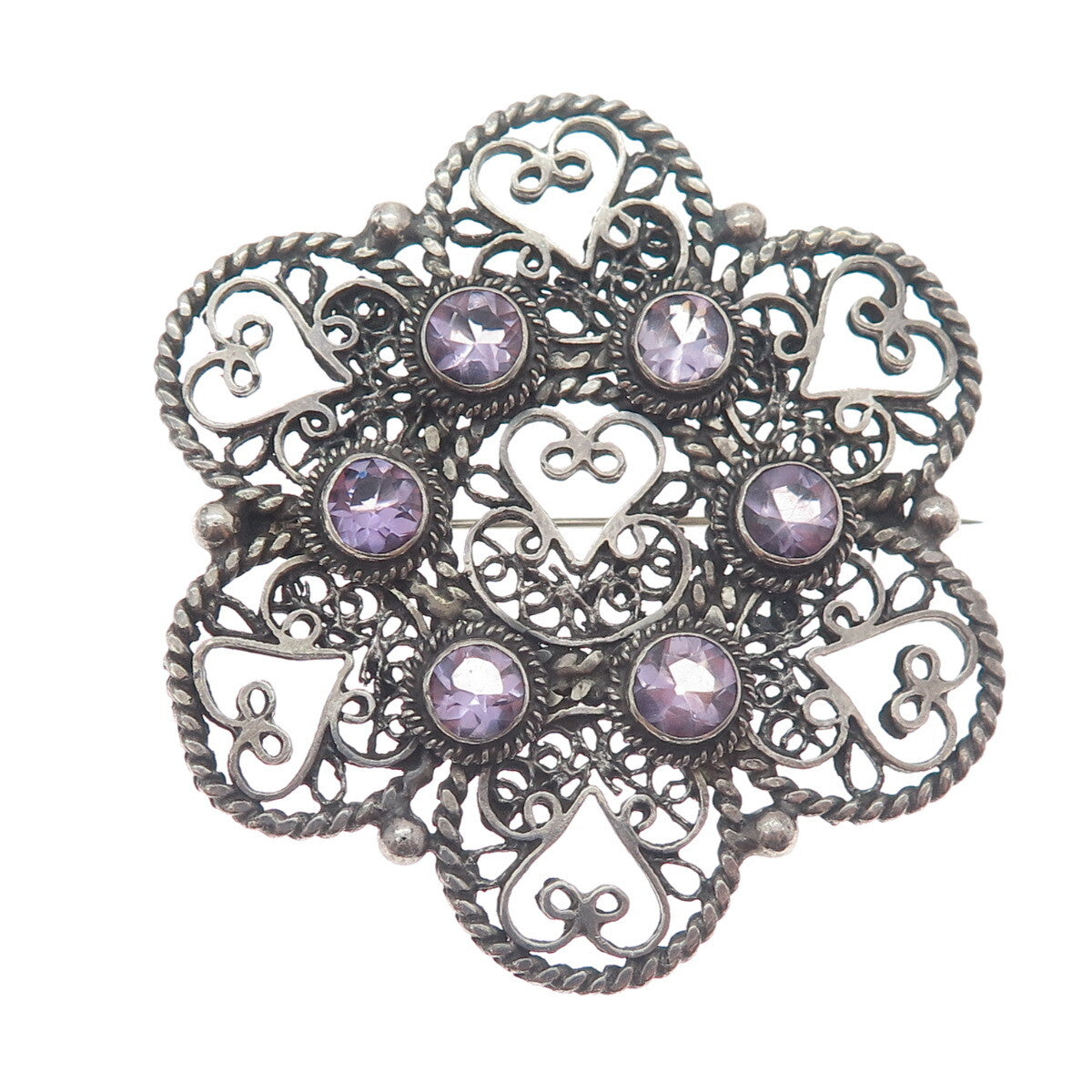 925 Sterling Silver Antique Real Amethyst Filigree Flower Heart Oxidized Brooch