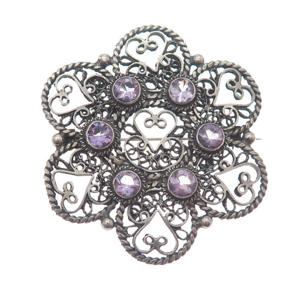 925 Sterling Silver Antique Real Amethyst Filigree Flower Heart Oxidized Brooch
