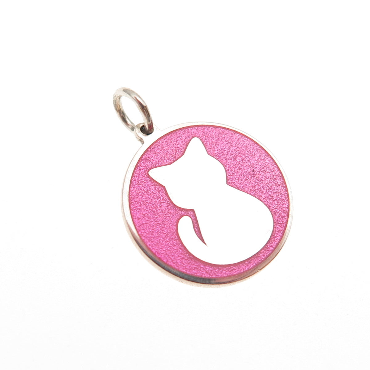 925 Sterling Silver Pink Enamel Cat Round Tag Mini Charm Pendant