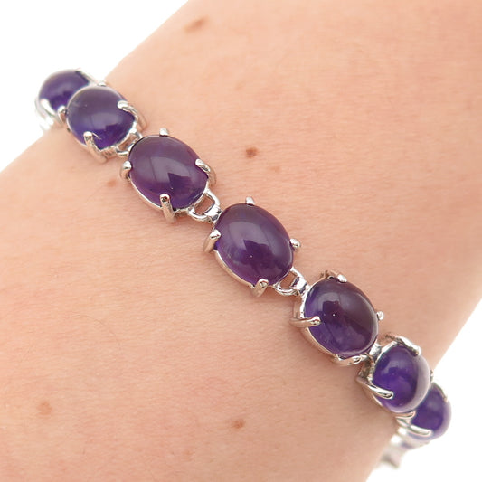 925 Sterling Silver Vintage Real Cabochon Amethyst Link Bracelet 7.5"