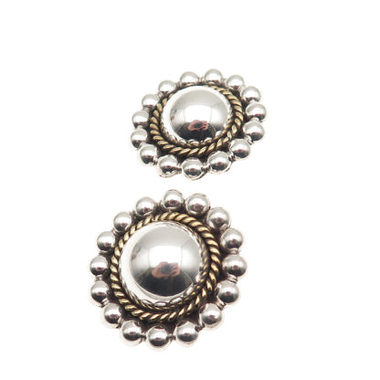 925 Sterling Silver 2-Tone Vintage Mexico Sun Beaded Oxidized Clip On Earrings