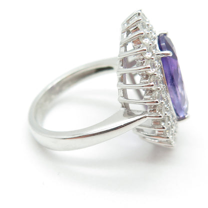 DSMK 925 Sterling Silver Oval-Cut Amethyst Round-Cut White Topaz Ring Size 7.25