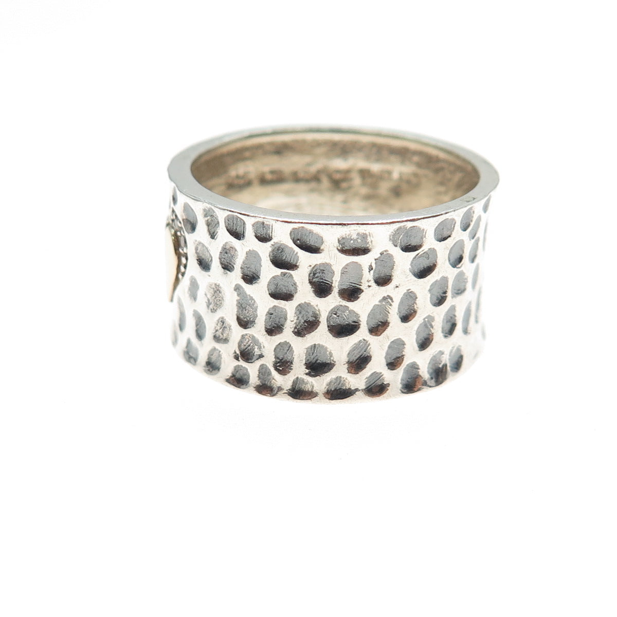 925 Sterling Silver 14K Gold Vintage Round-Cut C Z Heart Hammered Ring Size 7.75