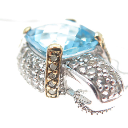 925 Sterling 2-Tone Real Diamond Blue & White Topaz Box Chain Necklace 18"
