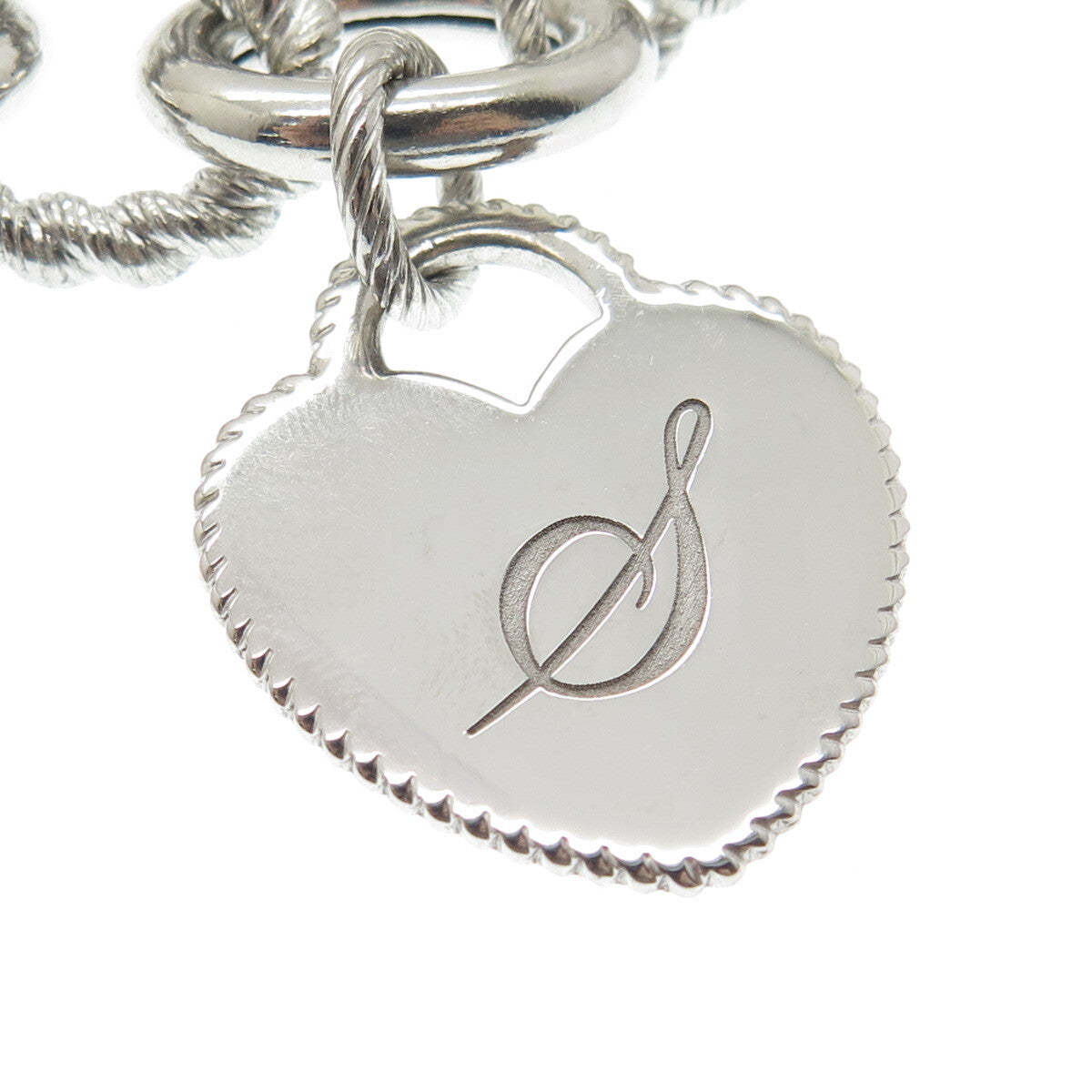 JUDITH RIPKA Sterling Silver C Z Letter "S" Heart Tag Oval Link Bracelet 7.75"