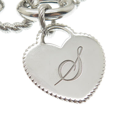 JUDITH RIPKA Sterling Silver C Z Letter "S" Heart Tag Oval Link Bracelet 7.75"