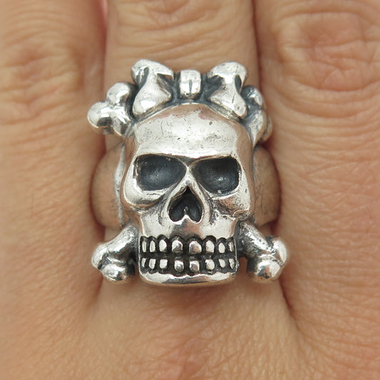 925 Sterling Silver Vintage Crossbones Bow Skull Oxidized Ring Size 10.5