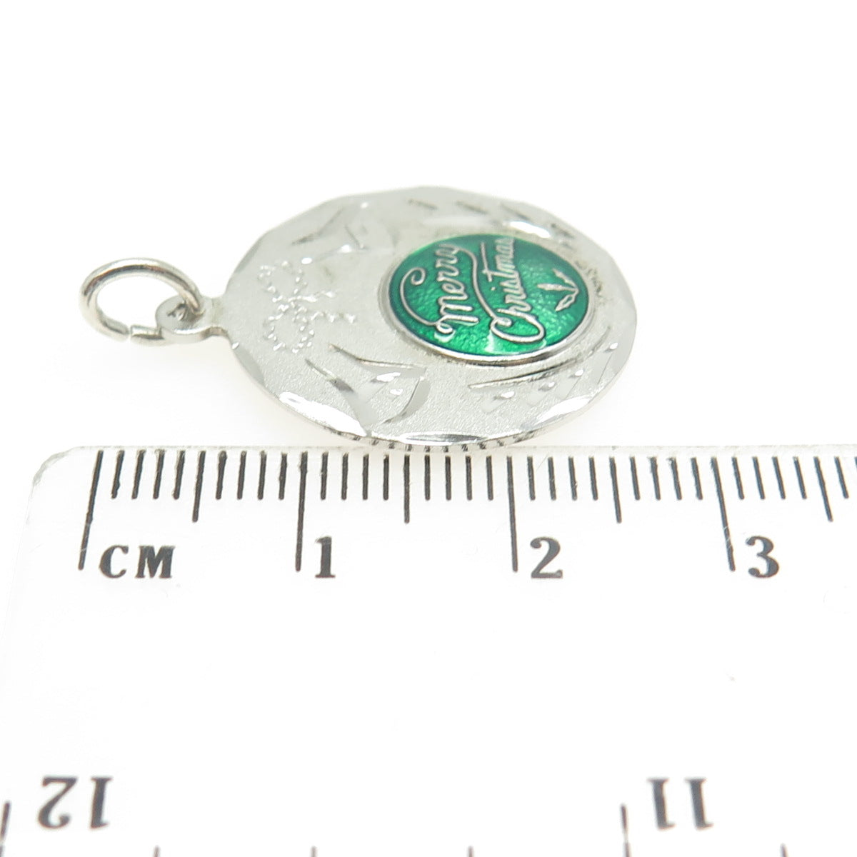 925 Sterling Silver Vintage Enamel Merry Christmas Bell Round Pendant