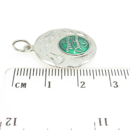 925 Sterling Silver Vintage Enamel Merry Christmas Bell Round Pendant