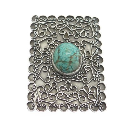 925 Sterling Silver Vintage Kingman Turquoise Gem Ornate Oxidized Pin Brooch