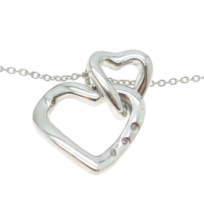 925 Sterling Silver Real Round-Cut Diamond Loving Heart Chain Necklace 16-18"