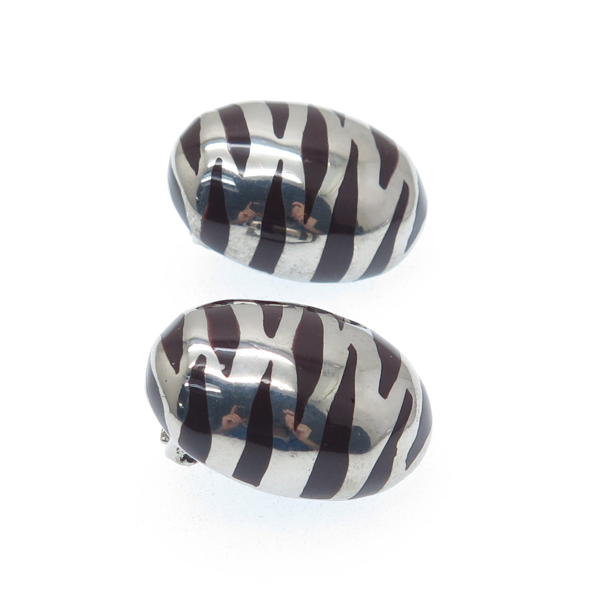 925 Sterling Silver Vintage Italy Enamel Zebra Pattern Clip On Earrings