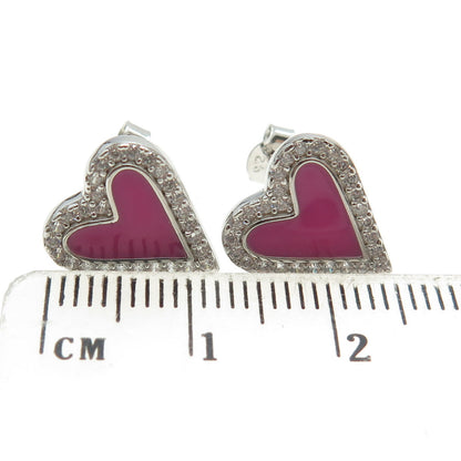 925 Sterling Silver Enamel Round-Cut C Z Heart Stud Earrings