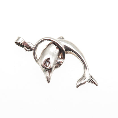 925 Sterling Silver Vintage Round-Cut C Z Dolphin Oxidized Charm Pendant