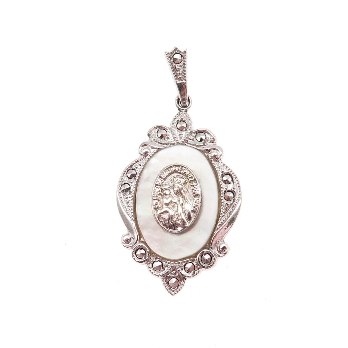 Theda 925 Sterling Silver Antique Art Deco Real MOP & Marcasite St. Mary Pendant