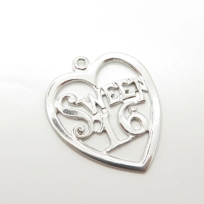 925 Sterling Silver Vintage Jewelart "Sweet 16" Heart Charm Pendant