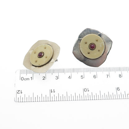 925 Sterling Silver & 14K Yellow Gold Vintage Real Ruby Modernist Earrings