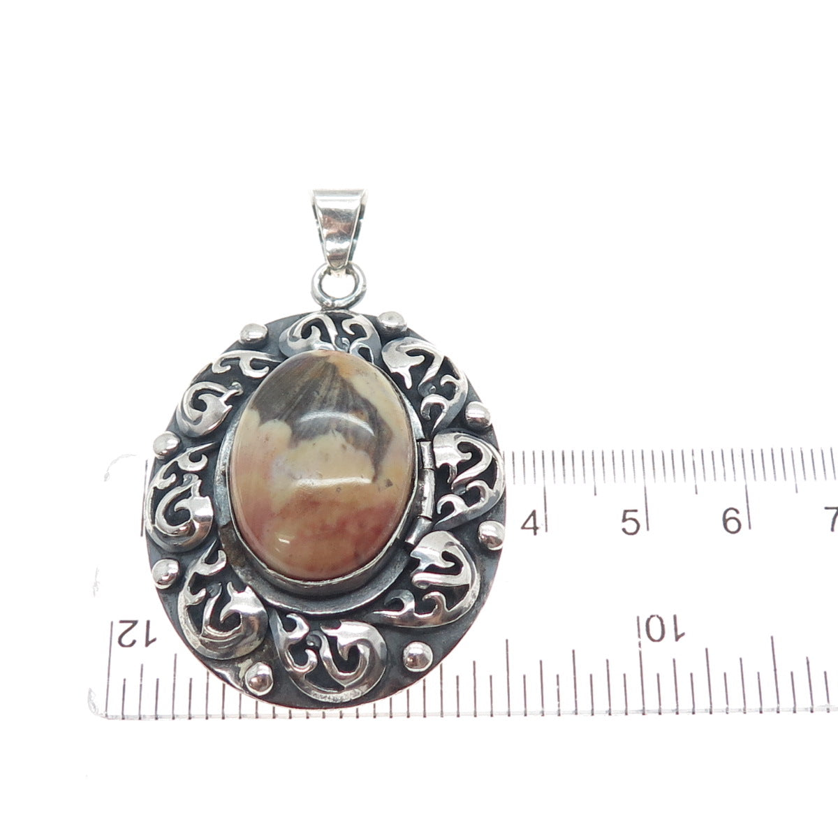 925 Sterling Silver Vintage Mexico Real Jasper Floral Oxidized Charm Pendant