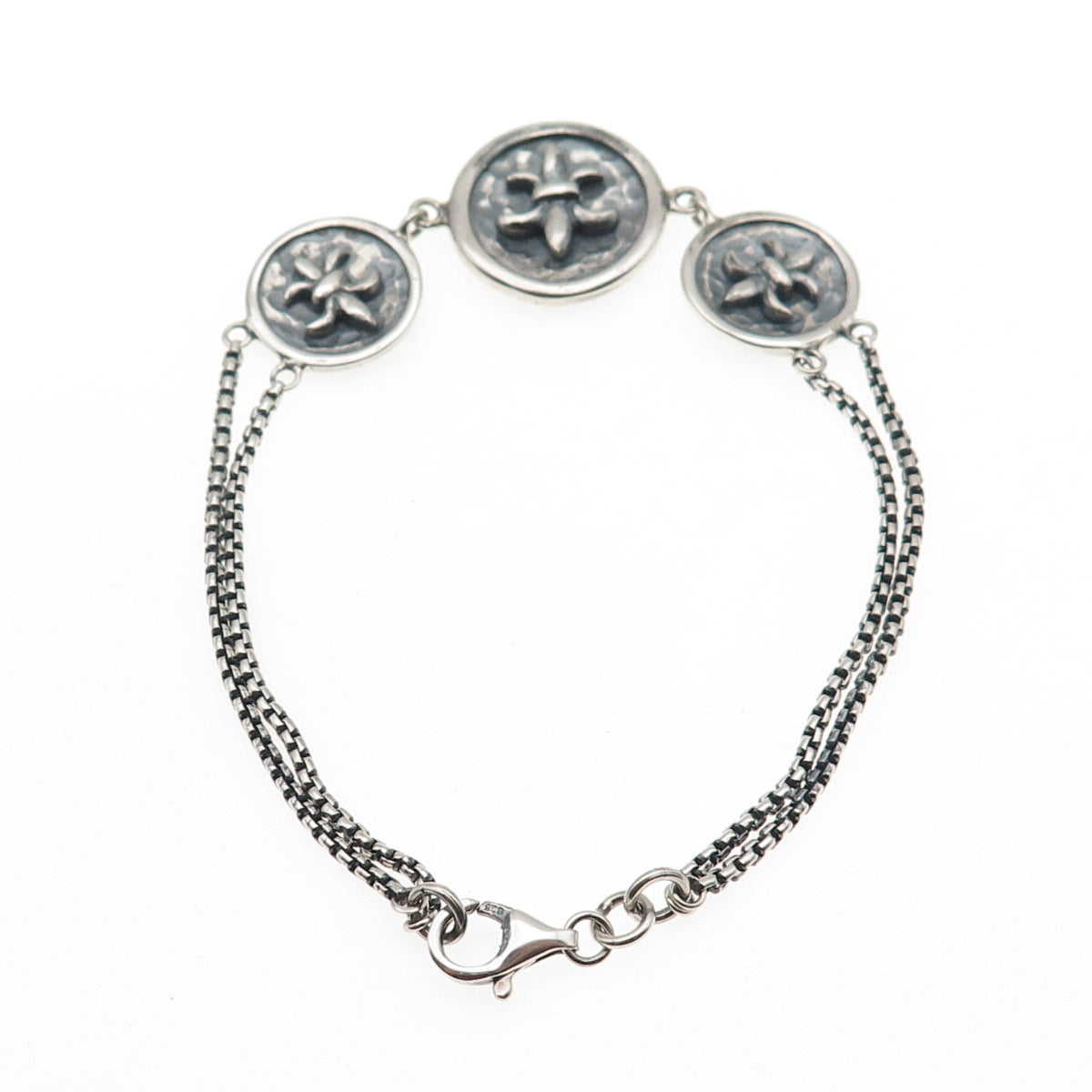 925 Sterling Silver Vintage Fleur de Lis Round Box Double Link Bracelet 7"