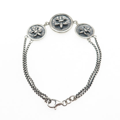 925 Sterling Silver Vintage Fleur de Lis Round Box Double Link Bracelet 7"