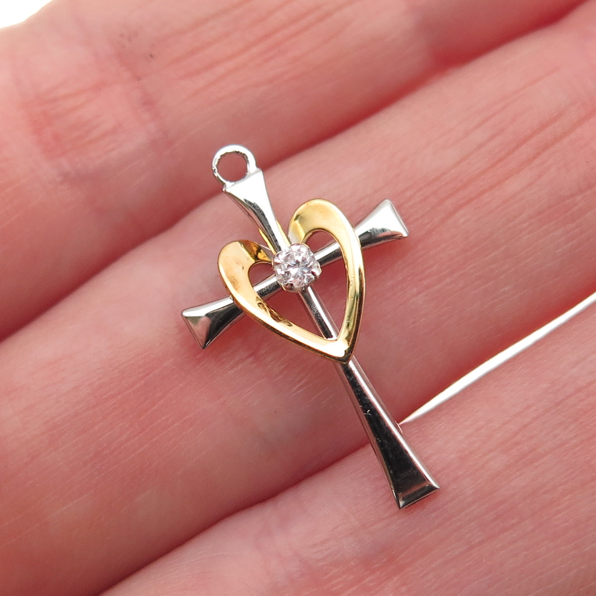 TRU-KAY 925 Sterling Silver 2-Tone C Z Heart Cross Mini Charm Pendant