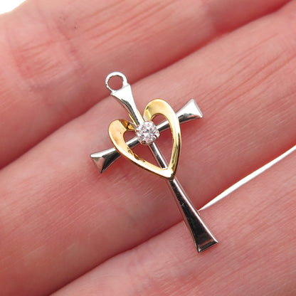 TRU-KAY 925 Sterling Silver 2-Tone C Z Heart Cross Mini Charm Pendant