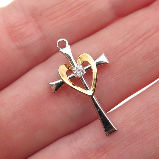TRU-KAY 925 Sterling Silver 2-Tone C Z Heart Cross Mini Charm Pendant